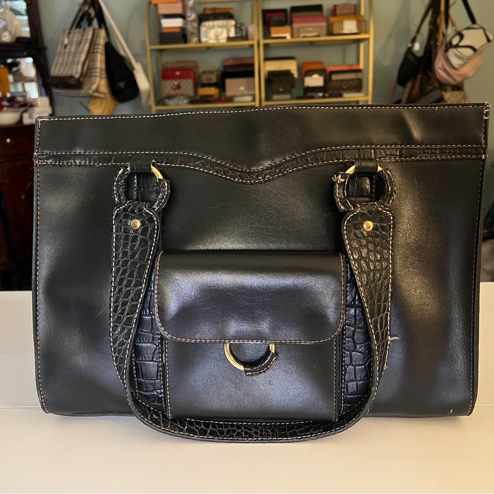 Black Leather Tote Bag with Croc-Embossed Straps